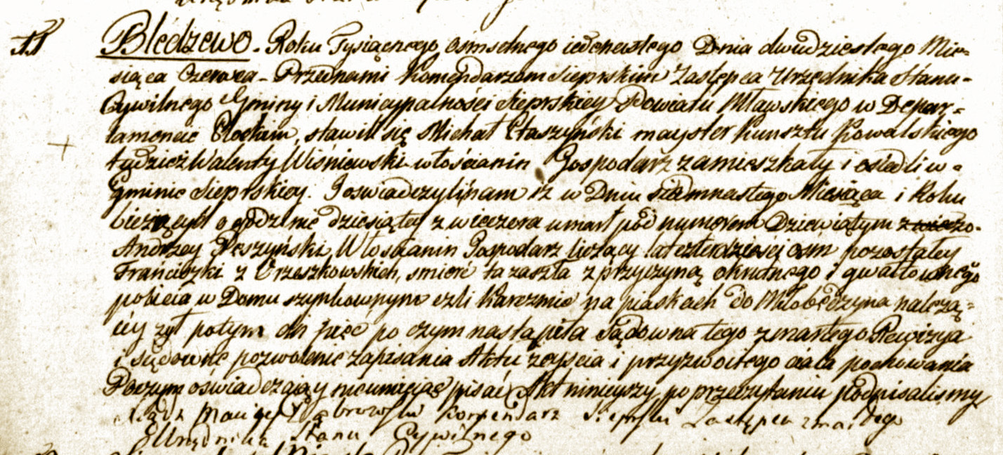 Akt zgonu z 1811 roku Andrzeja Pszyskiego miertelnie pobitego w karczmie