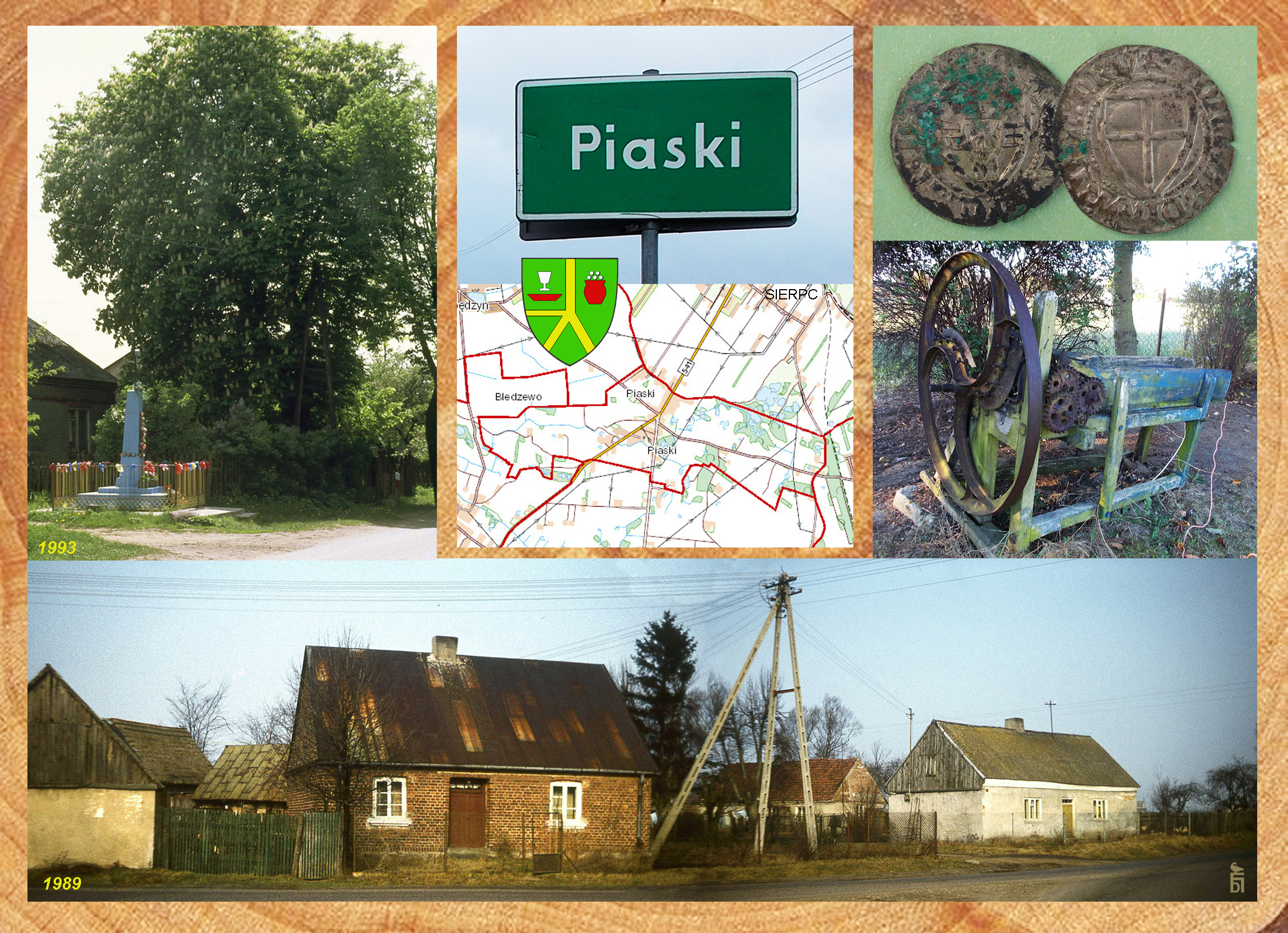 Wie Piaski, gm. Sierpc. Projekt widokwki zawierajcej zdjcia sprzed kilkudziesiciu  lat oraz herb wioski.