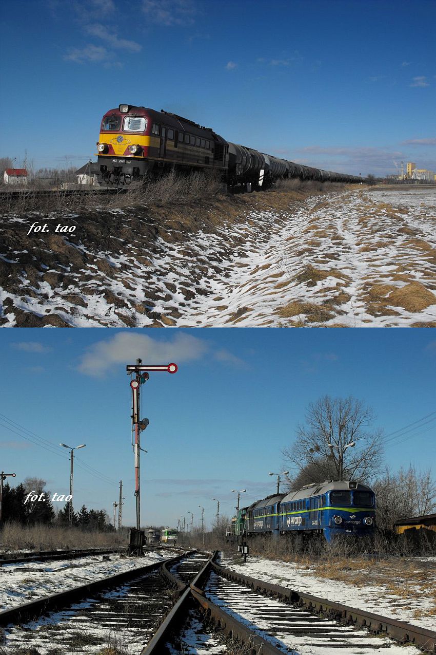 Lokomotywa Rail Polska ze skadem towarowym opuszcza stacj Sierpc. Poniej lokomotywy Cargo 